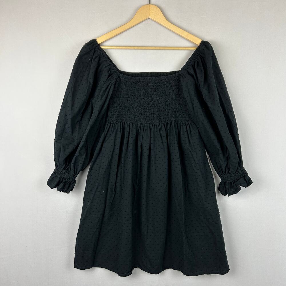 Kourt Black Smocked Puff Sleeve Peasant Dress Cotton Women's Size XL